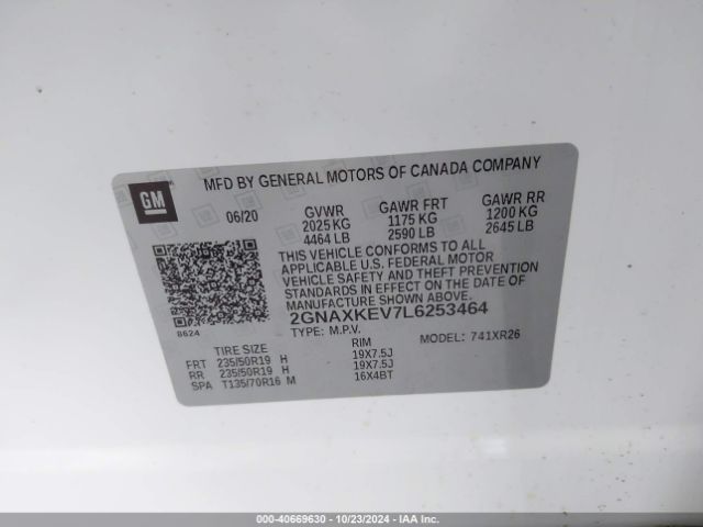 2GNAXKEV7L6253464 Chevrolet Equinox Fwd Lt 1.5l Turbo