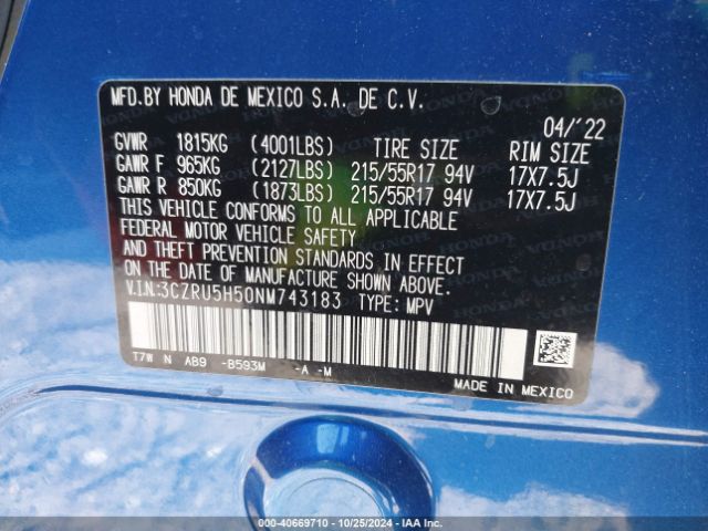 3CZRU5H50NM743183 Honda Hr-v 2wd Ex