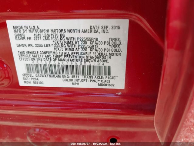 4A4AP3AU1FE053104 Mitsubishi Outlander Sport Es