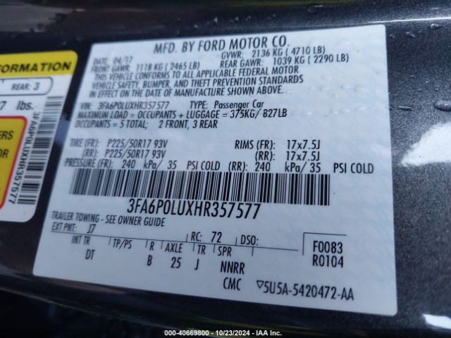 3FA6P0LUXHR357577 Ford Fusion Hybrid Se