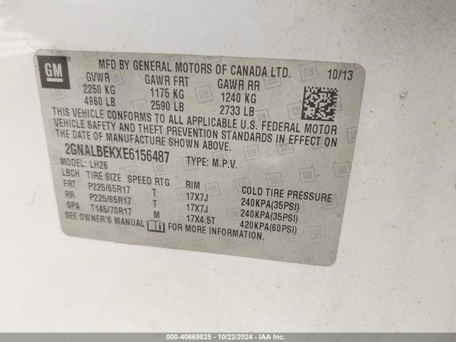 Chevrolet EQUINOX 1LT 2014 2GNALBEKXE6156487 Image 9
