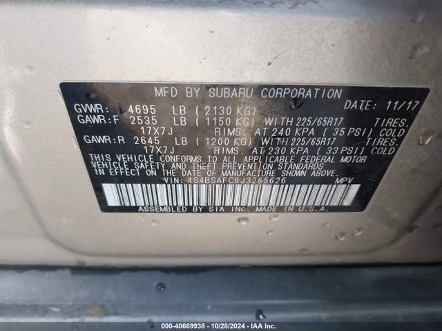 Subaru Outback 2.5i Premium 2018 4S4BSAFC8J3265626 Image 9