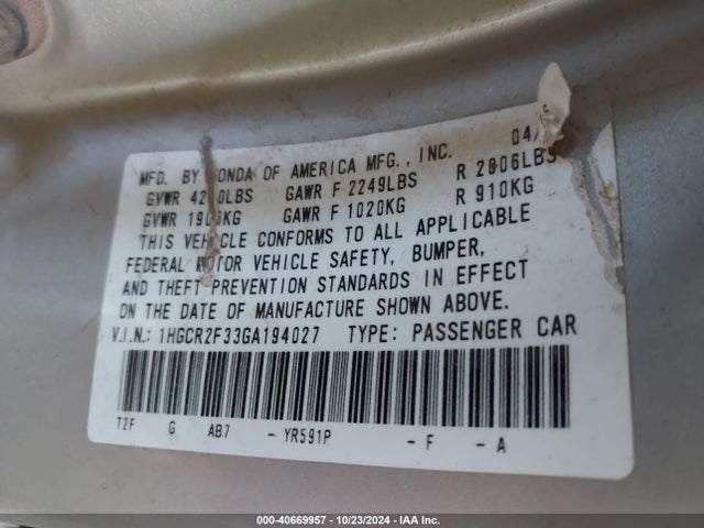 Honda ACCORD LX 2016 1HGCR2F33GA194027 Image 9