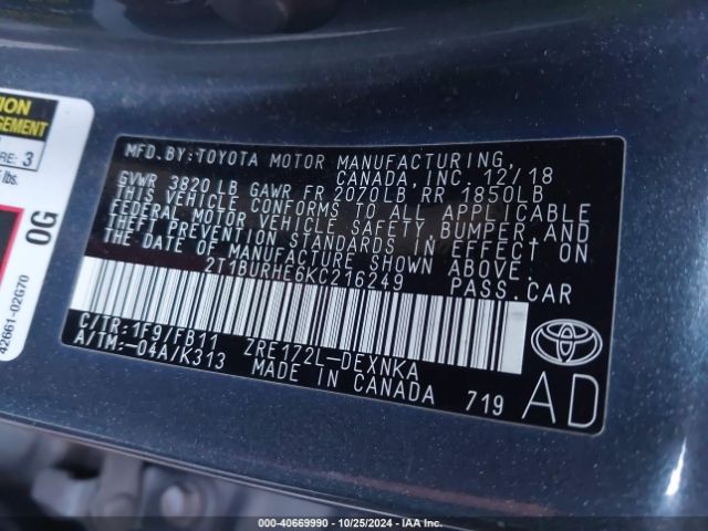 2T1BURHE6KC216249 Toyota COROLLA LE