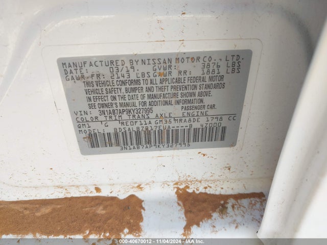 Nissan SENTRA S 2019 3N1AB7AP9KY327995 Image 9