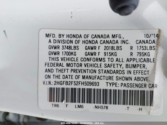 Honda Civic Lx 2015 2HGFB2F52FH509693 Image 9