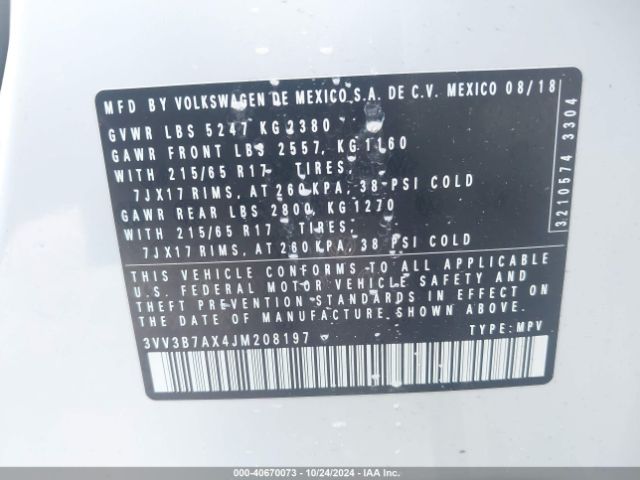 3VV3B7AX4JM208197 Volkswagen Tiguan 2.0t Se/2.0t Sel
