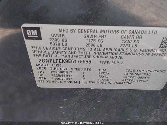 Chevrolet EQUINOX 1LT 2014 2GNFLFEK9E6175688 Image 9