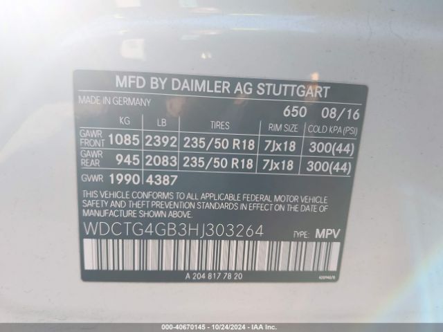 WDCTG4GB3HJ303264 Mercedes-Benz Gla 250 4matic