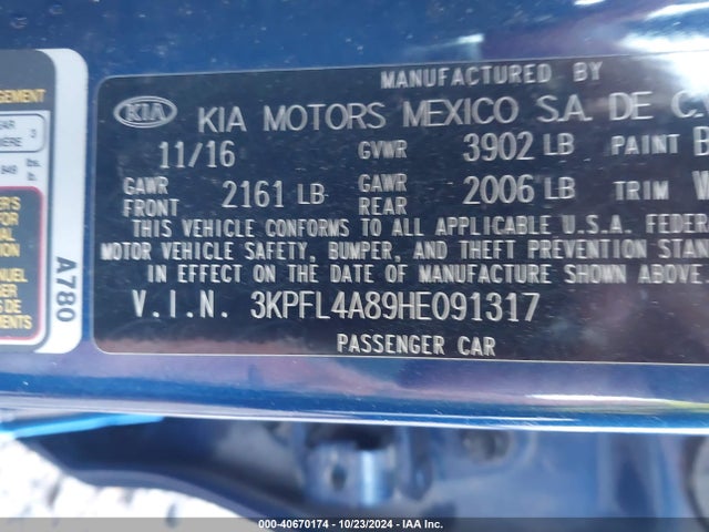 3KPFL4A89HE091317 KIA FORTE EX