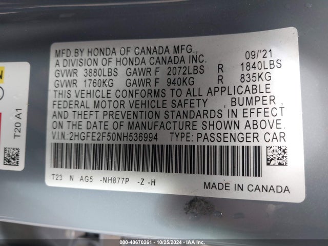Honda Civic Sport 2022 2HGFE2F50NH536994 Image 9