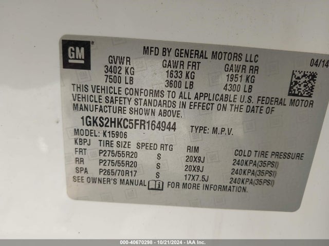 1GKS2HKC5FR164944 GMC Yukon Xl 1500 Slt