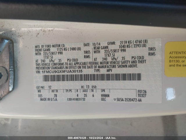 Ford ESCAPE SE 2015 1FMCU9GX9FUA30135 Image 9