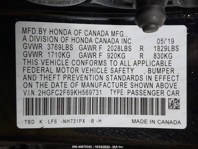 Honda Civic Lx 2019 2HGFC2F69KH569731 Image 9