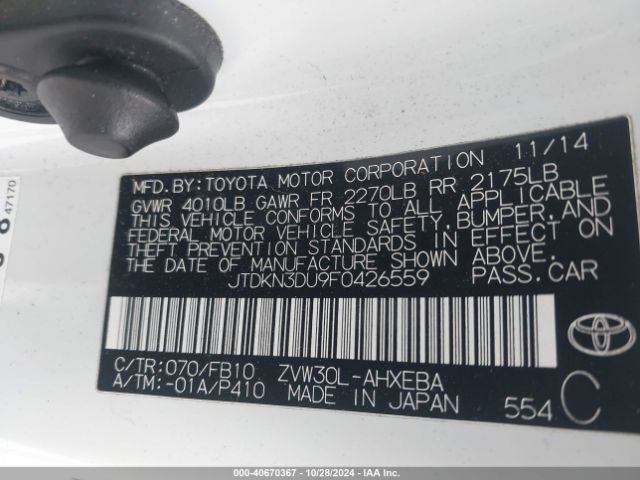 JTDKN3DU9F0426559 Toyota Prius Two