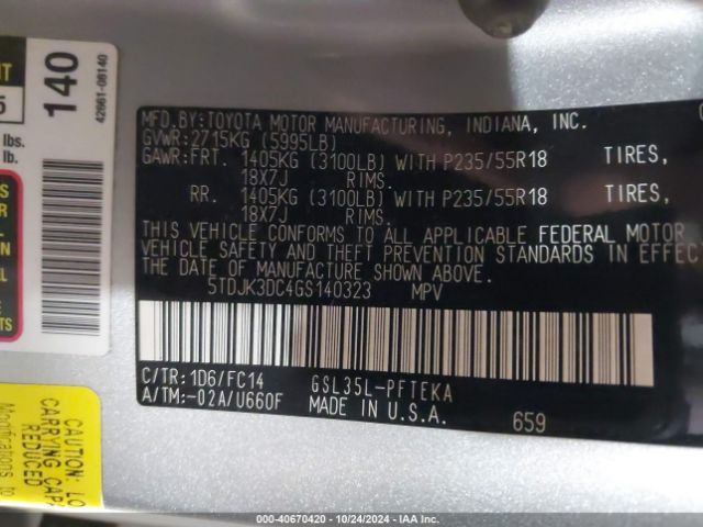 5TDJK3DC4GS140323 Toyota Sienna Le 7 Passenger