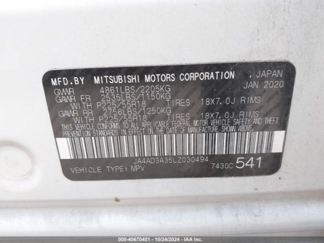 JA4AD3A35LZ030494 Mitsubishi Outlander Le 2.4/se 2.4/sel 2.4/sp 2.4