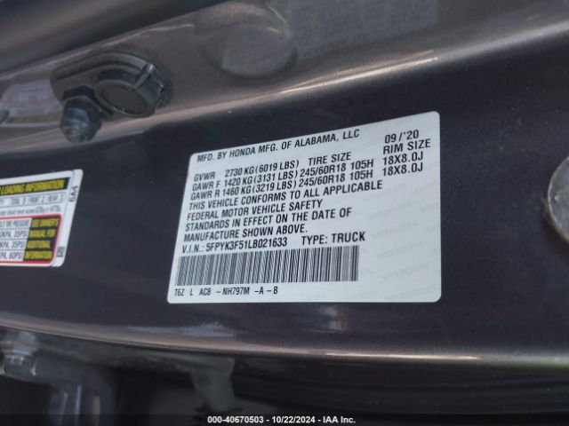 5FPYK3F51LB021633 Honda Ridgeline Awd Rtl