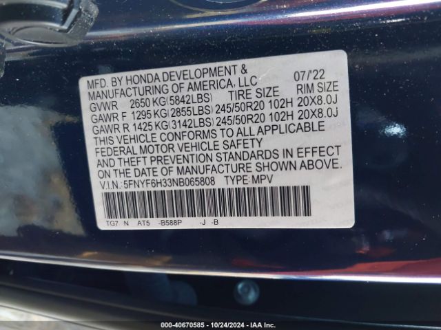 5FNYF6H33NB065808 Honda Pilot Awd Sport