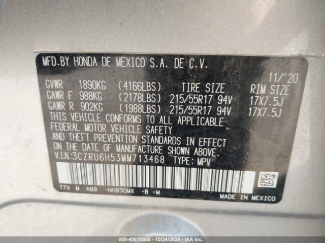 3CZRU6H53MM713468 Honda Hr-v Awd Ex