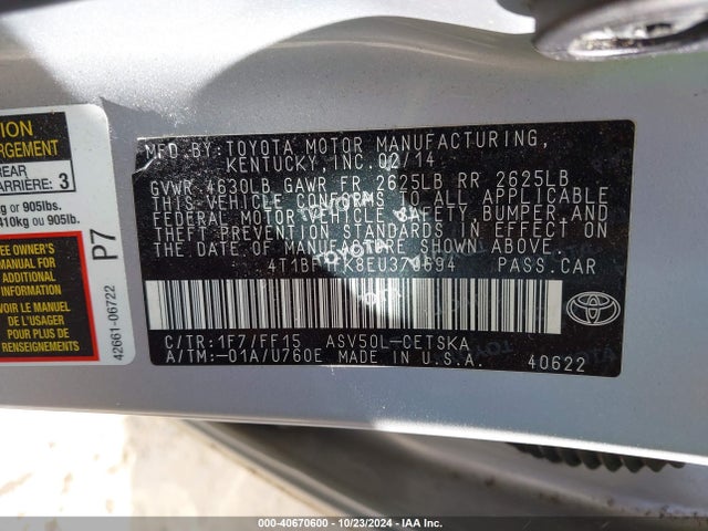 Toyota CAMRY SE 2014 4T1BF1FK8EU370694 Image 9
