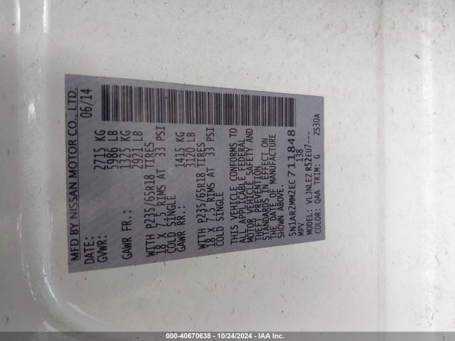 Nissan Pathfinder Sv 2014 5N1AR2MM2EC711848 Image 9