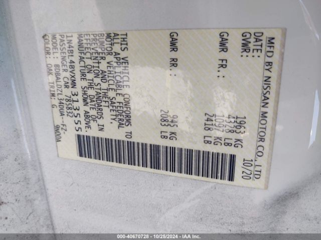 1N4BL4BVXMN313555 Nissan Altima S Fwd