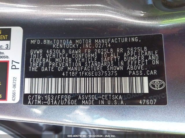 Toyota CAMRY SE 2014 4T1BF1FK6EU375375 Image 9