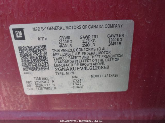 2GNAXUEV4L6120852 Chevrolet Equinox Awd Lt 1.5l Turbo