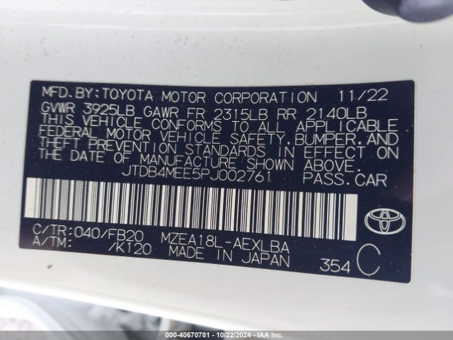 JTDB4MEE5PJ002761 Toyota COROLLA LE
