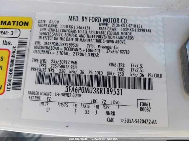 3FA6P0MU3KR189531 Ford Fusion Hybrid Sel