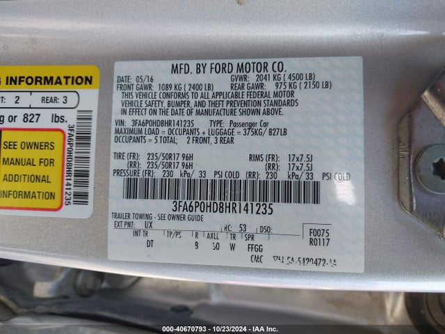 Ford FUSION SE 2017 3FA6P0HD8HR141235 Image 9