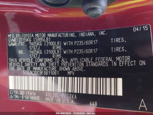 5TDZK3DC9FS611061 Toyota Sienna L 7 Passenger