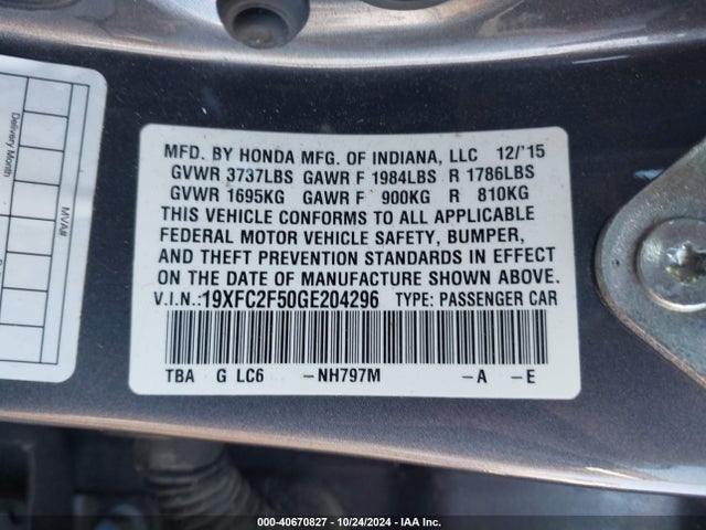 Honda Civic Lx 2016 19XFC2F50GE204296 Image 9