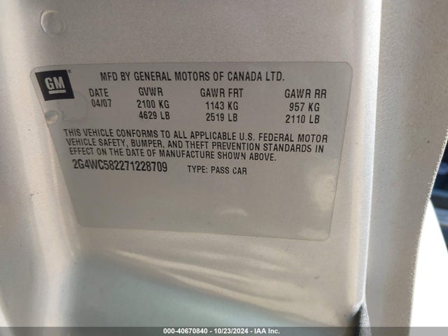 Aukcja sprzedaży 2007 Buick Lacrosse Cx, vin: 2G4WC582271228709, numer aukcji: 40670840