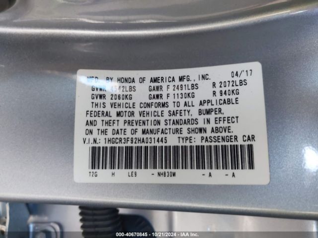 1HGCR3F92HA031445 Honda Accord Touring V6