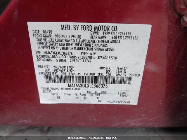 MAJ6S3GLXLC368376 Ford Ecosport Se