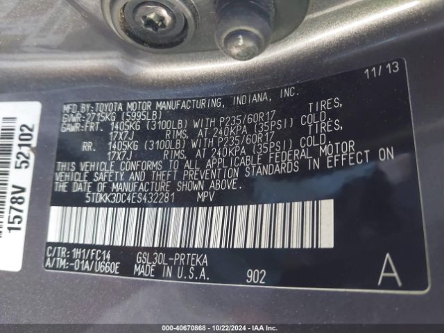 5TDKK3DC4ES432281 Toyota Sienna Le V6 8 Passenger