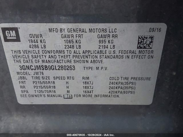 3GNCJMSB9GL280263 Chevrolet TRAX LTZ