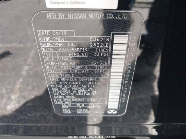 3PCAJ5M35KF137569 Infiniti Qx50 Pure