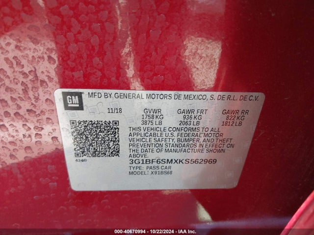 Chevrolet Cruze Premier 2019 3G1BF6SMXKS562969 Image 9