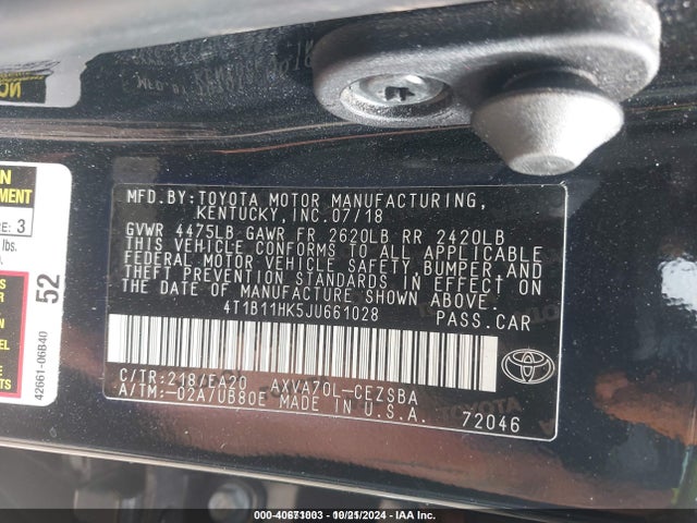 Aukcja sprzedaży 2018 Toyota Camry Se, vin: 4T1B11HK5JU661028, numer aukcji: 40671003