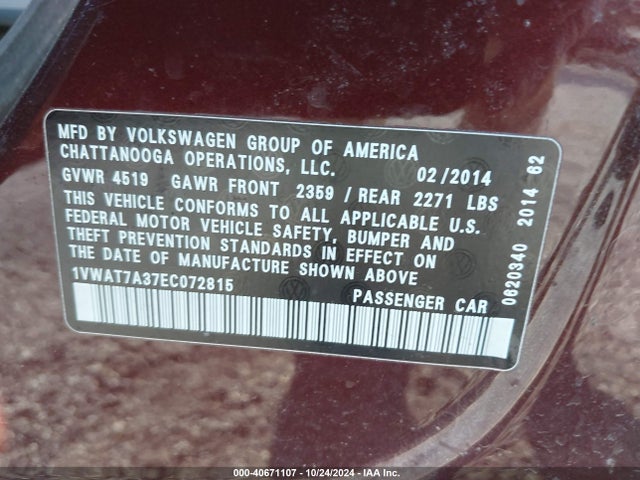 Volkswagen Passat 1.8t S 2014 1VWAT7A37EC072815 Image 9
