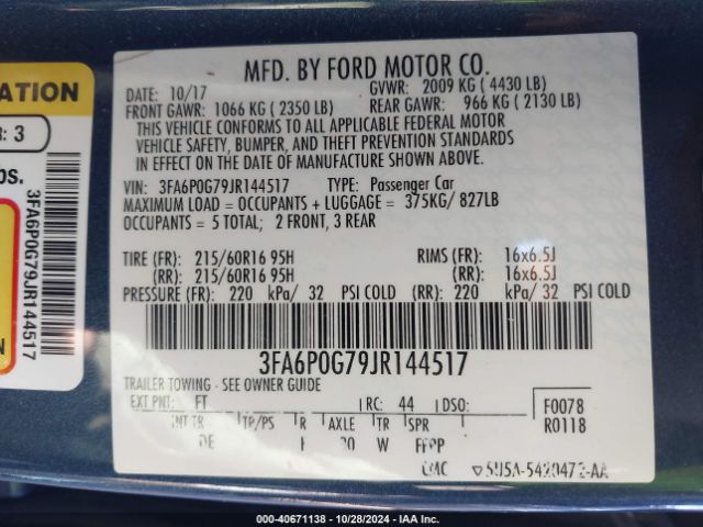 3FA6P0G79JR144517 Ford FUSION S