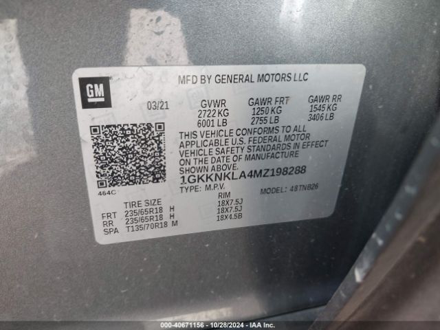 1GKKNKLA4MZ198288 GMC Acadia Fwd Sle
