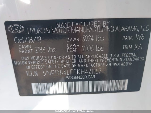 Hyundai ELANTRA SEL 2019 5NPD84LF0KH421157 Image 9