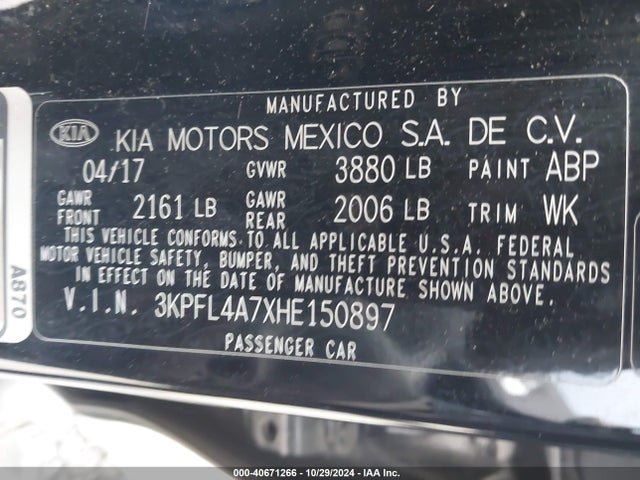 KIA FORTE LX 2017 3KPFL4A7XHE150897 Image 9