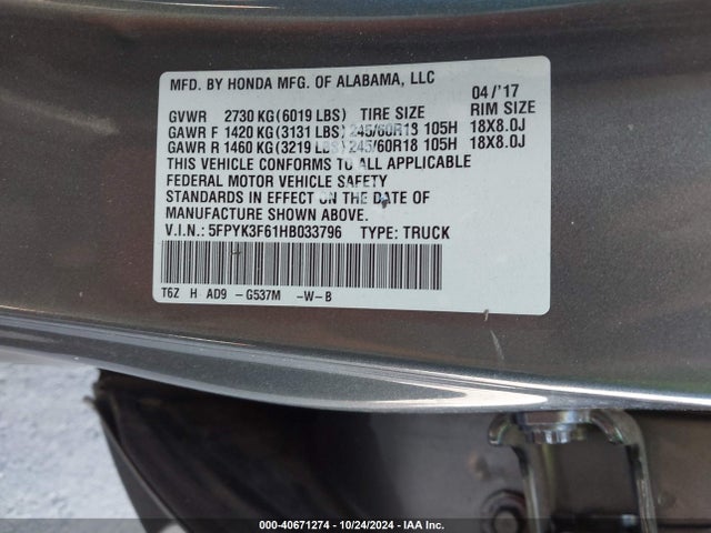 Honda Ridgeline Rtl-t 2017 5FPYK3F61HB033796 Image 9
