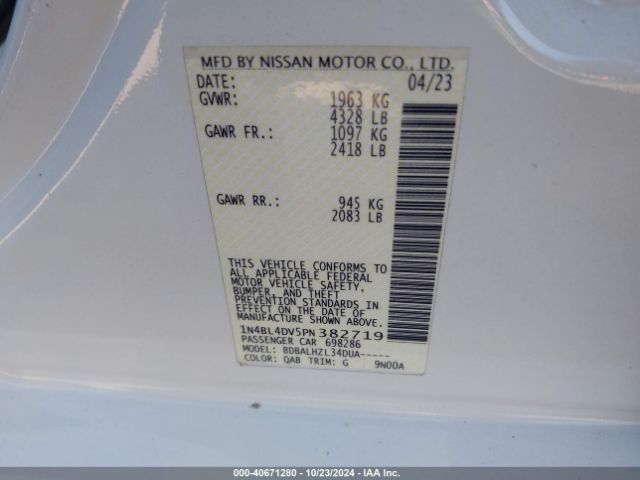 1N4BL4DV5PN382719 Nissan Altima Sv Fwd