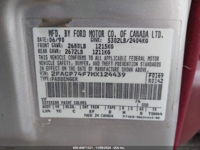 1991 FORD CROWN VICTORIA 2FACP74F7MX124439 Photo 8